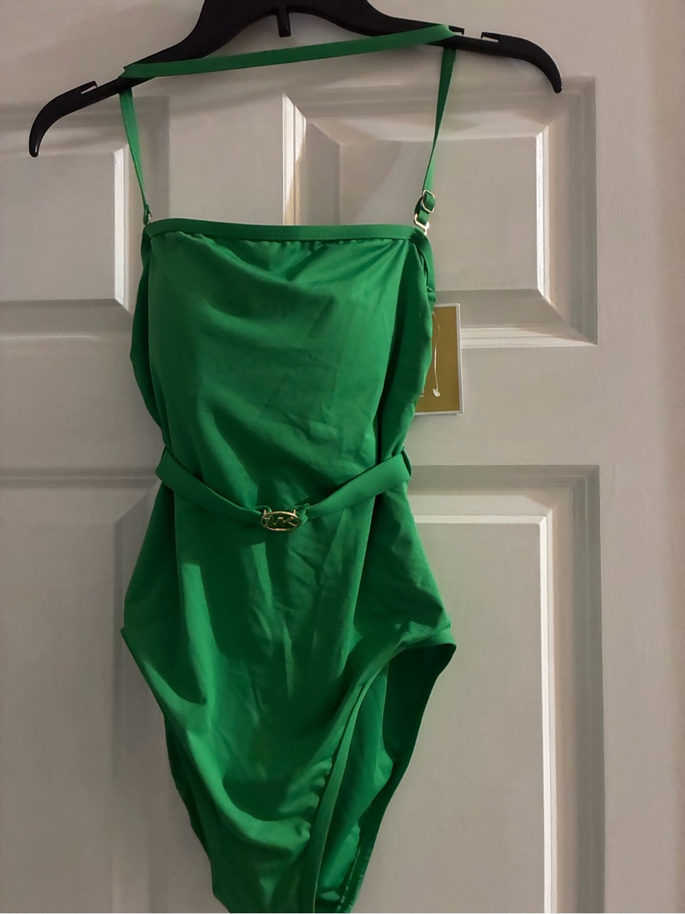 Michael Kors Bright Green Ladies One-Piece Swimsuit with Gold Buckle